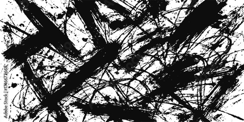 Dirty ink splatter pattern illustration of a tree silhouette with grungy paint branches and a black wire frame border