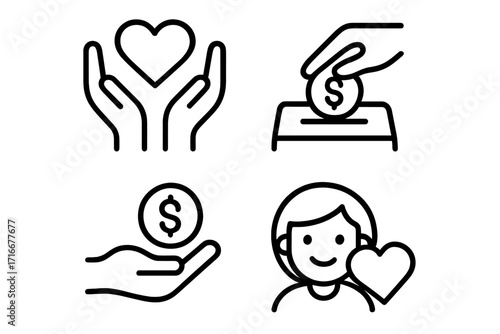 Charity and donation icon set. Linear symbols for giving, fundraising, support. Vector outline graphics of hand holding heart, money box, financial aid and volunteering.
