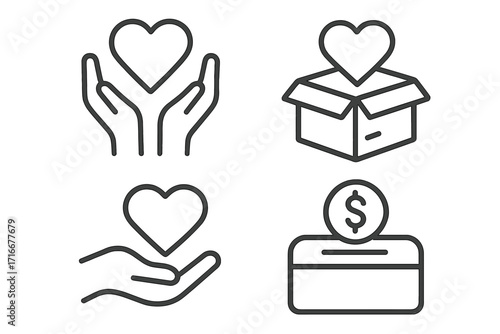 Charity and donation icon set. Linear symbols for volunteering, fundraising, and support. Vector illustration of hands holding heart, donation box, and money concept.