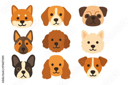 Cute cartoon dog faces set. Various dog breeds head icons collection. Vector illustration pack for pet design. Shiba, Beagle, Pug, German Shepherd, Poodle, Terrier.