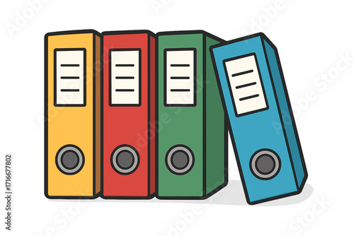 Vector illustration of colorful office ring binders. Concept for document organization, file storage, and paperwork management. Archive and business data symbol set.