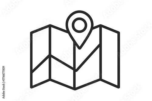 Map with pin icon. Location marker symbol. Simple line art for navigation and travel. GPS destination point. Find place, route or address concept. Vector illustration.