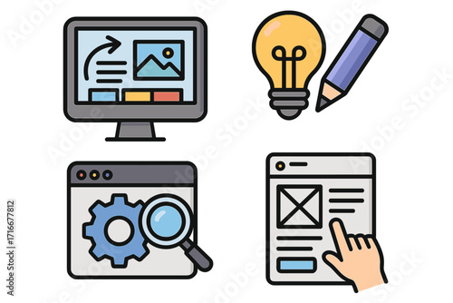 Web design and UI UX icon set. Concepts for creative process, from idea to website development. Includes SEO optimization, user interface wireframe, and content creation icons.