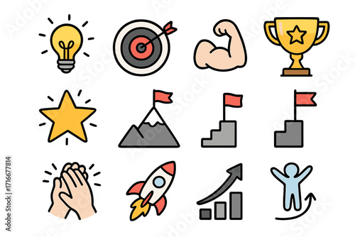 Motivation and success icon set for business goals and achievement. Metaphor for startup growth, career progress, and victory. Includes trophy, target, rocket, and idea icons.