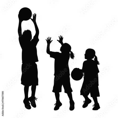 Children playing basketball silhouette kids sport