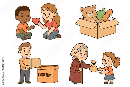 Charity and donation vector illustration set. People helping the poor and elderly. Volunteers giving food, money, and love. Humanitarian aid and social care concept cartoon.