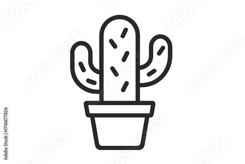 Cactus icon vector. Saguaro in pot. Linear outline style. Simple desert plant graphic symbol. Minimalist houseplant succulent illustration for web design or logo.