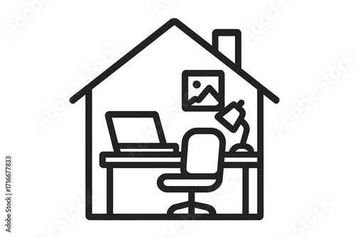 Work from home icon. Home office concept for remote work or freelance. House with desk, chair, laptop. Workspace interior symbol. Stay home, quarantine workplace vector.