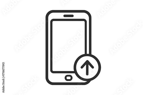 Smartphone upload icon vector. Mobile phone data transfer symbol. Simple line art illustration for web and app design. Cloud storage, sending files, network arrow up sign.
