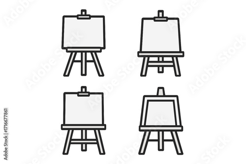 Easel icon set. Art studio equipment symbol. Vector line art for painting, drawing, or presentation. Artist workspace stand with blank canvas. Minimalist outline design.