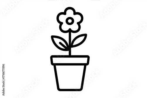 Flower in pot icon. Simple line art drawing of a blooming plant. Vector illustration for nature, gardening, and growth concepts. Minimalist black and white floral symbol.