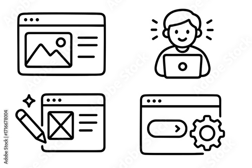 Web design UI UX line icon set. Vector concept for frontend development, user interface, website wireframe, and app settings. Programmer at work cartoon style illustration.
