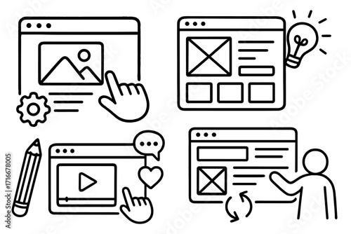 Web design UI UX line icon set. User interface and experience concept. Website wireframe, app development prototype, digital content creation, online user engagement vector pack.