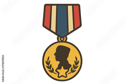 Hero award medal for valor. Military honor symbol for Veteran's Day. Golden prize with ribbon and star. Soldier silhouette. Flat cartoon vector illustration for patriotism.