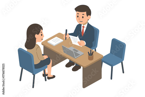 Job interview isometric vector illustration. Business man manager hiring new employee. Human resources, recruitment concept. Vacant position. Two people meeting at office desk.
