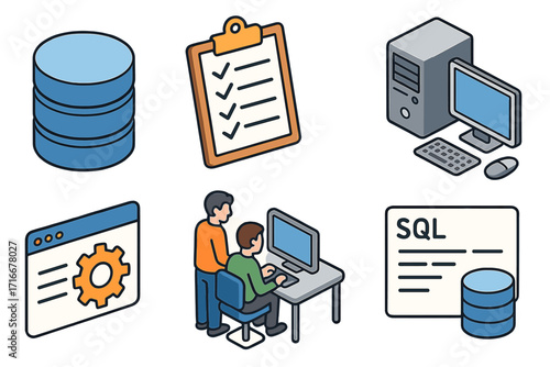 Isometric icon set for database management system. Includes concepts like data storage, server hardware, software procedures, SQL query language, and people or developers.