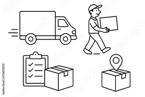 Delivery service icon set line art. Courier shipping package with a truck. Logistics and distribution concept. Man carrying box. Fast transport and order fulfillment vector.