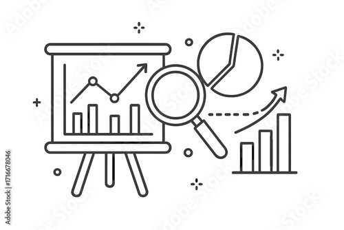 Data analysis and business statistics concept. Line illustration for market research, financial report, and analytics. Infographic elements with charts, graphs, and magnifier.