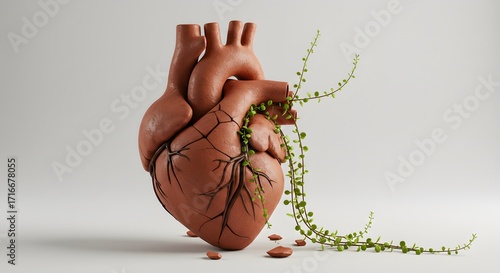 Anatomical Heart Entwined with Green Vine in Symbolic Fusion of Life and Nature