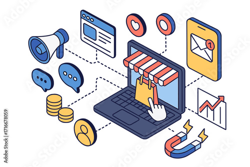 Digital marketing concept with laptop online store. E-commerce strategy using social media, email, SEO for customer attraction, lead generation, and sales growth vector.