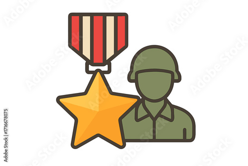 Hero award medal for valor. Soldier icon. Veterans Day symbol. Military service and honor concept. Army courage and patriotism. Flat vector illustration for memorial day design.