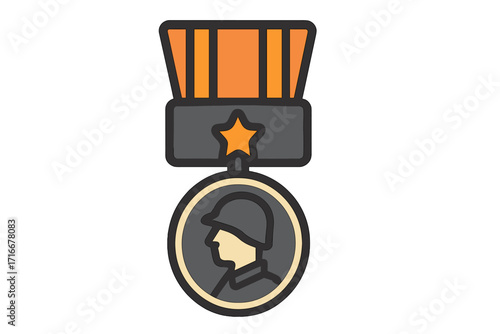 Military medal of honor icon. Hero award for bravery and service. Veterans Day symbol with soldier silhouette. Army achievement badge. Flat vector cartoon illustration.