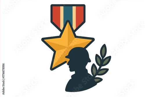Military hero award medal with a star and soldier silhouette. Veterans Day and Memorial Day symbol of honor, bravery, and patriotism. Flat vector illustration for army recognition.