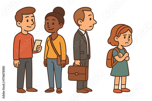 Diverse group of cartoon people waiting in a queue. Vector illustration of men, woman and a sad child standing in a line. Concept for customer service, society, and patience.
