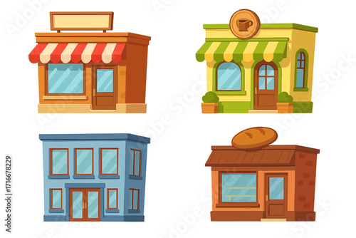 Store front vector illustration set. Cartoon shop building collection. Small business facade icon. City architecture graphic. Cute coffee shop, bakery, market, real estate object.