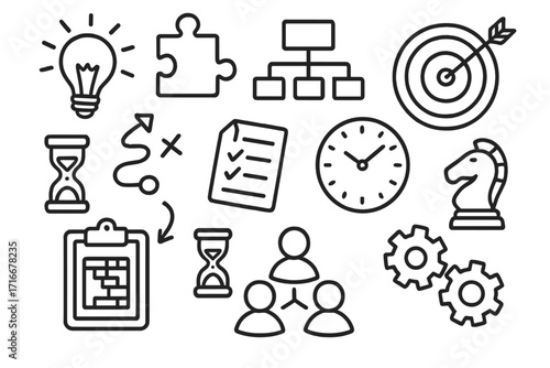 Business management and project planning icon set. Vector line art illustration for concepts like strategy, goal setting, teamwork, workflow, time management and solution finding.