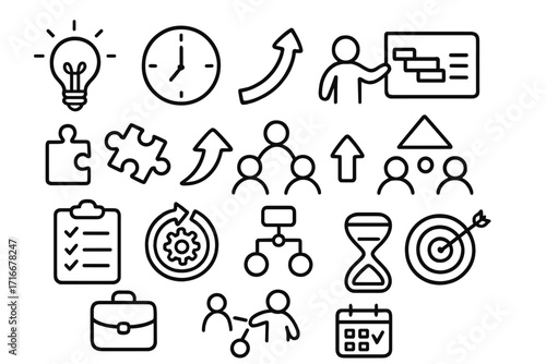Business process and startup line icon set. Workflow, management, and strategy symbols. Idea, planning, teamwork, growth, target goal, and time management vector icons.