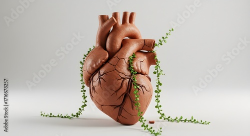Anatomical Heart Entwined with Green Vine in Symbolic Fusion of Life and Nature