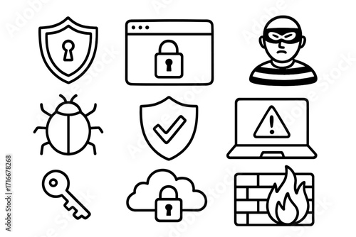Internet security icon set. Cybersecurity concept with hacker, virus, firewall, and data protection symbols. Vector outline illustration for web privacy and network safety.