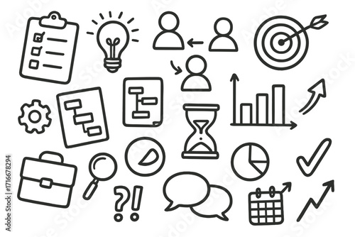 Business process and idea development doodle icon set. Hand-drawn vector line art concepts for strategy, planning, marketing, management, and project startup success.