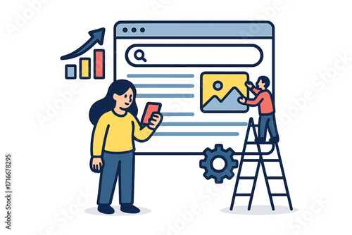 SEO optimization isometric concept. Digital marketing strategy for website ranking. People work on search engine results page. Mobile analysis and content promotion vector.