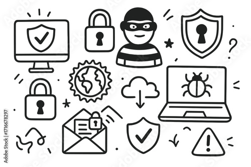 Cybersecurity doodle icon set. Internet security hand drawn cartoon vector. Hacker, virus, data protection, phishing, privacy concepts. Online safety and network defense graphics.