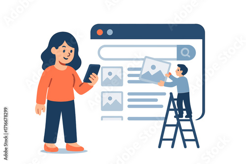 Isometric SEO illustration for digital marketing. A man on a ladder optimizes image search results on a web browser page for better ranking and online visibility.
