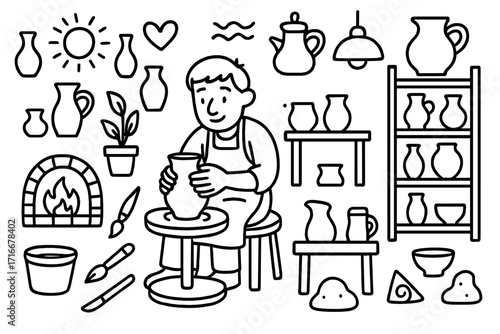 Pottery doodle concept. Potter character making clay pot on wheel. Handmade ceramics craft hobby. Outline cartoon vector illustration set with vase, kiln, and workshop tools.