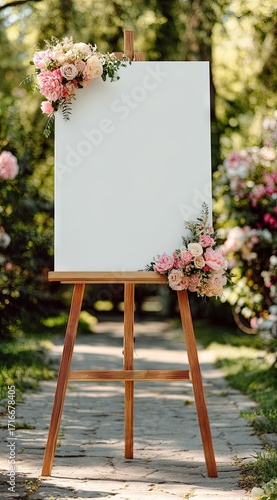 Blank sign outdoor display decorated with flowers