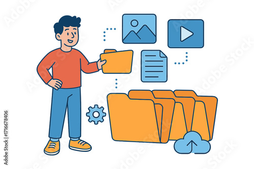 Man organizing digital files for cloud storage service. Document management system concept. User sorting photo, video, and text files. Data archiving and backup process vector.
