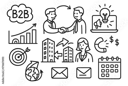 B2B marketing doodle icon set. Business to business partnership with handshake deal. Lead generation, customer acquisition strategy. Global sales growth chart. Omni-channel concept.