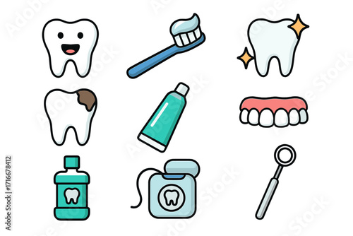Dental care icon set. Dentistry, stomatology concept. Oral hygiene symbols. Tooth, toothbrush, toothpaste, floss, cavity, mouthwash, dentist tool. Vector cartoon illustration.
