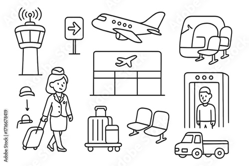 Airport travel doodle line icon set. Hand-drawn vector cartoon illustrations for aviation and tourism. Includes airplane, flight attendant, luggage, terminal, security concept.