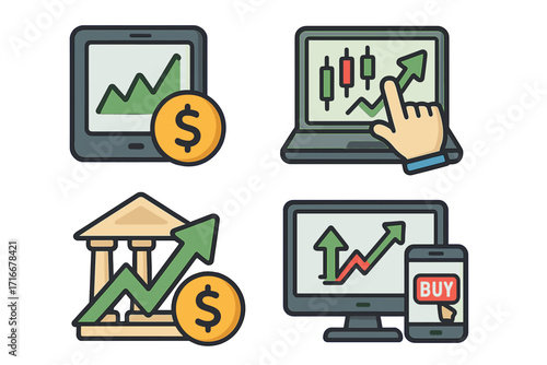 Stock market trading icon set. Finance investment and economy growth concept. Online analytics, mobile banking and crypto currency buy sell data chart vector cartoon pack.