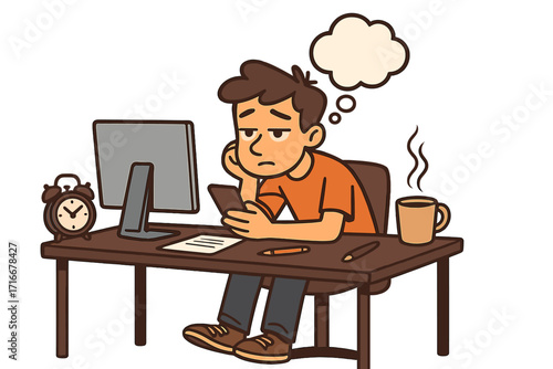 Procrastination concept with a bored man at work. Unmotivated employee suffering from burnout and distraction. Tired student with deadline stress and mental block. Multitasking.