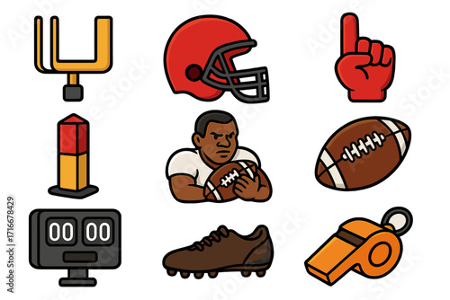 American football cartoon icon set. Vector collection of sports equipment with player, helmet, ball, and goalpost. Game day graphic elements isolated on transparent background.