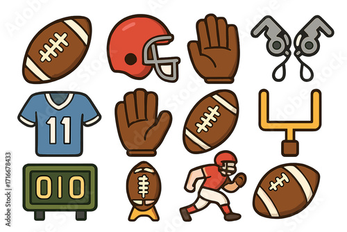 American football sport game icon set. Vector cartoon illustration collection. Football player, helmet, ball, jersey, scoreboard, goal post. Sport equipment for league championship.