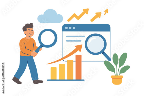 Data analysis and business growth concept. Man with magnifying glass studies chart and graphs. SEO analytics, market research, and financial success vector illustration.