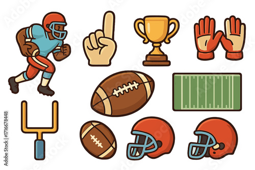 American football icons set. Vector cartoon illustration collection with player, helmet, ball, trophy, goal post, field, fan foam finger and gloves for game day design.