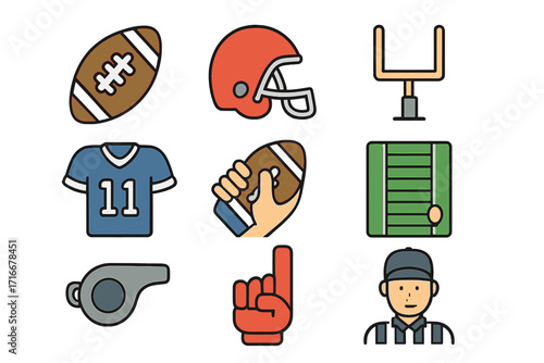 American football icons set. Vector cartoon illustration of sport game elements. Collection includes helmet, ball, jersey, field, goalpost, referee, whistle, and foam finger.